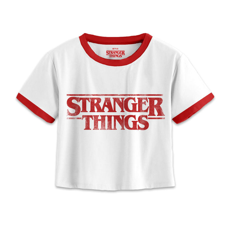 Stranger Things - Distressed Logo - Super Heroes Collection - Ladies  White Cropped T-shirt