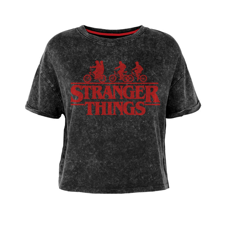 Stranger Things - Bike - Super Heroes Collection - Ladies Cropped Black Acid Wash T-Shirt